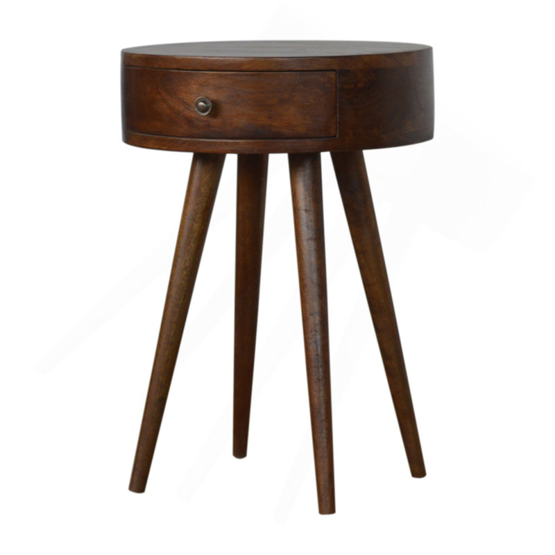 Table de chevet circulaire Nordic Chestnut, pieds nordiques, 1 tiroir