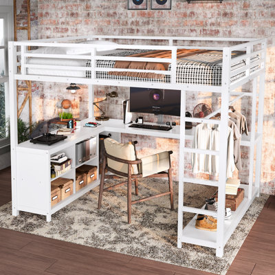 Lit mezzanine en métal avec garde-robe, bureau en L et tablettes de rangement Rachel