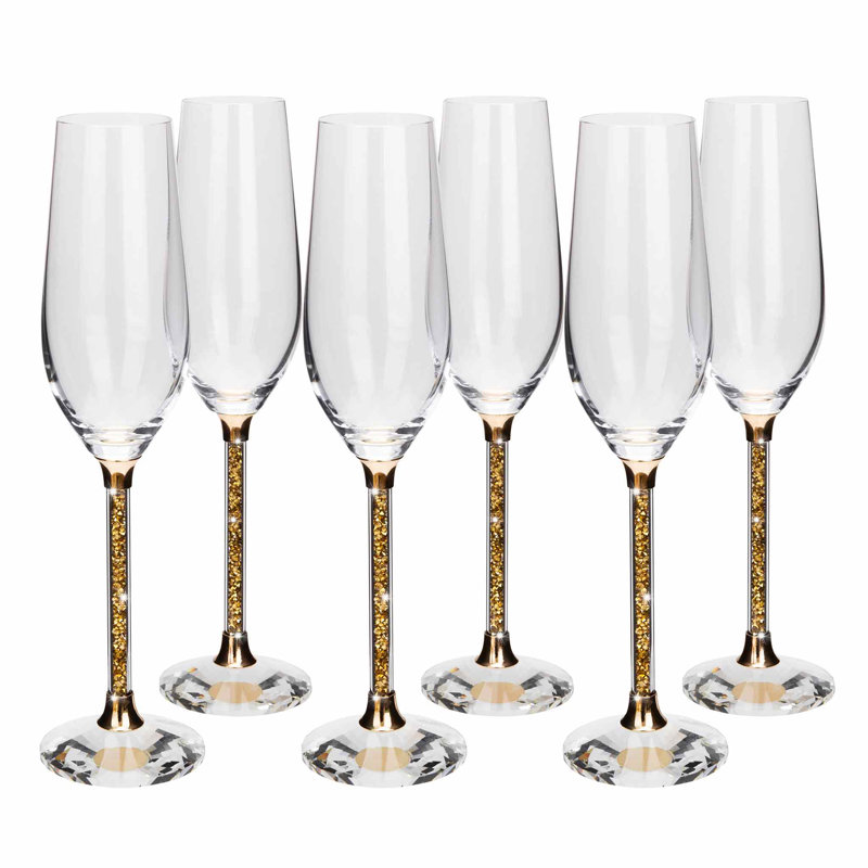 Sparkles Home | Vetrina Stem Toasting Flutes | Crystal Wine Glasses | Rhinestone Accents, Gold, 6