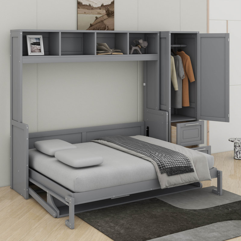 Grand lit escamotable mural avec tiroirs et garde-robe, Gris