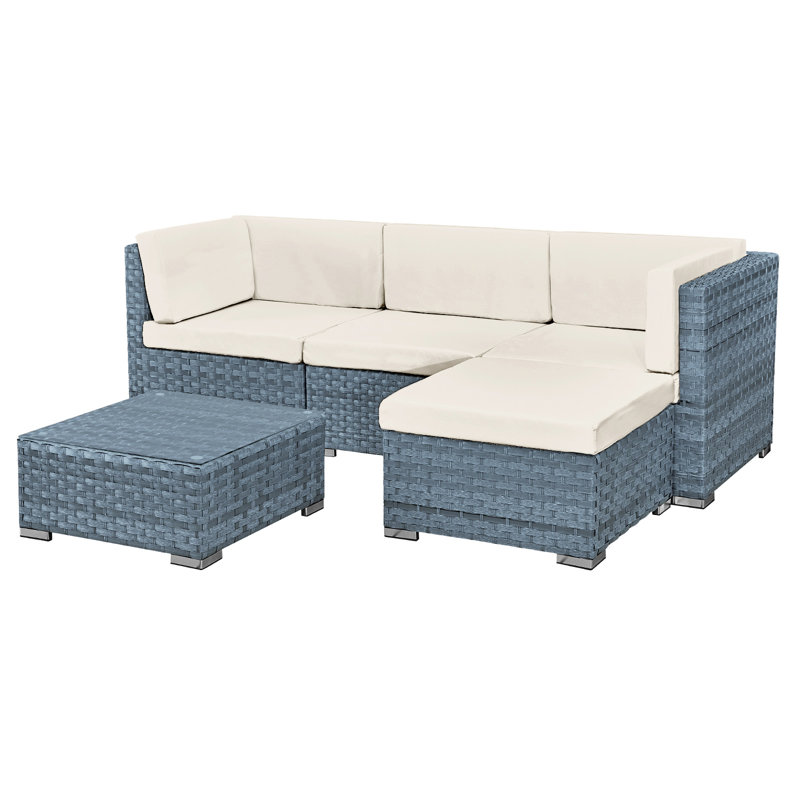 Trinidad Rattan 4 Seat Modular Chaise Lounge Set, Ocean Grey