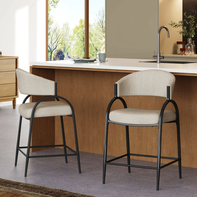 Tabourets de bar modernes de 25 po de hauteur avec dossier, structure en métal noir, tabourets de comptoir confortables pour îlot de cuisine / salle à manger, ensemble de 2 (beige)