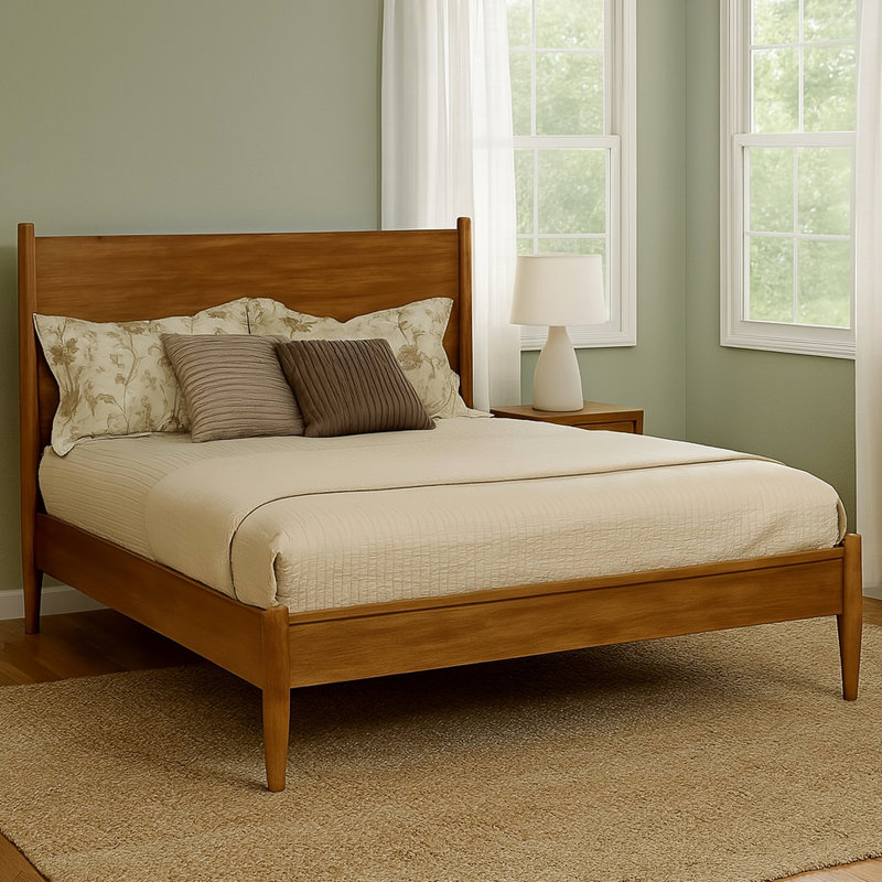Très grand lit plateforme King de teinte chêne, avec tête de lit haute, sans sommier et assemblage simple dans la chambre à coucher avec ensemble de lattes, confortable pour