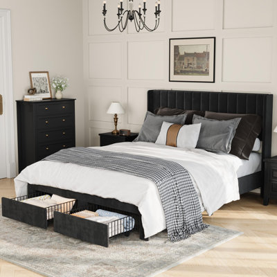 Base de lit double tapissier en velours avec tête de lit à oreilles et 2 tiroirs de rangement, tête de lit capitonnée verticale, support à lattes en bois, aucun sommier nécessaire, noir