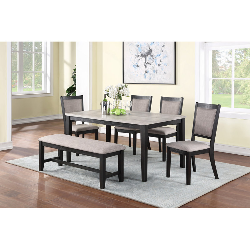 Table de salle à manger contemporaine 6 pièces avec chaises d'appoint 4X et banc rembourré avec sièges rembourrés et chaises en bois massif et placages