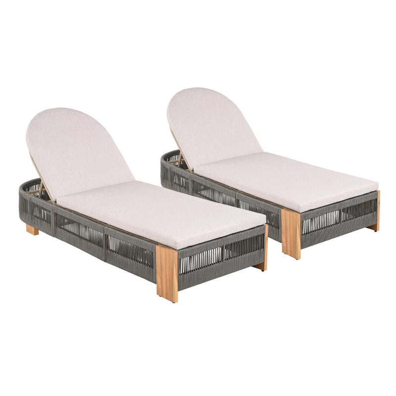Uncushioned, Outdoor, Wood, Patio, Adjustable Lounge Chair, Grey Rope, Natural Iron, Weather - Features Outdoor Wood Patio Chaise Of 2 With Iron And Comfortable