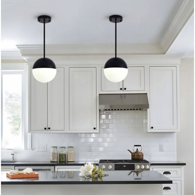 2-Pack Mid-Century Modern Pendant Lights with 7.8" Milk Glass Globe Shades and Adjustable Height, Matte Black