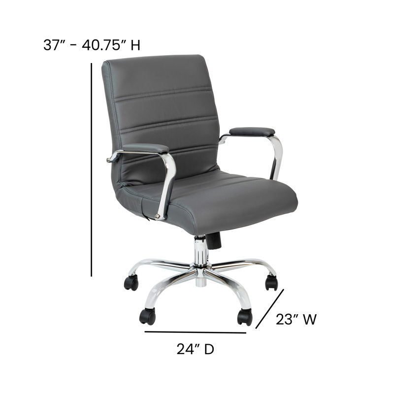 Whitney Ergonomic Upholstered Mid-Back Swivel Office Chair, Gray Faux Leather, Chrome