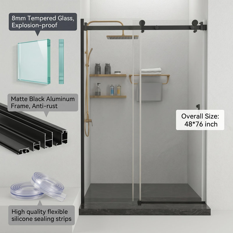 Porte de douche coulissante simple sans cadre de 48 à 48,8 po x H 76 po avec verre trempé transparent de 8 mm, finition noire