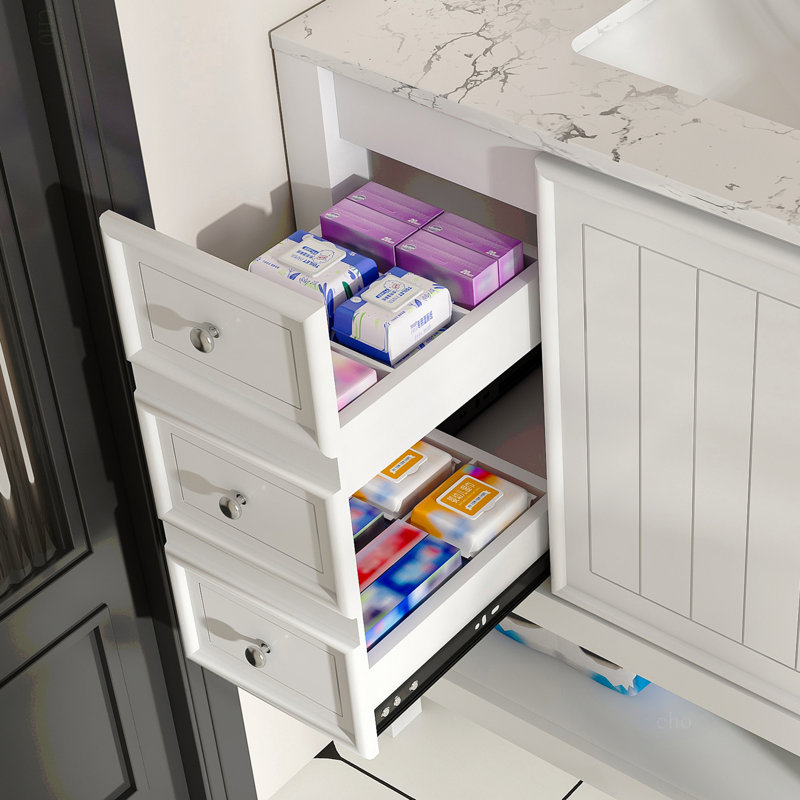 Ensemble de meuble-lavabo moderne 37 po avec plateau en marbre artificiel Carrara, armoire de salle de bain multifonctionnelle avec portes et tiroir, cadre solide et panneau de fibres à densité moyenne (trou de robinet simple)
