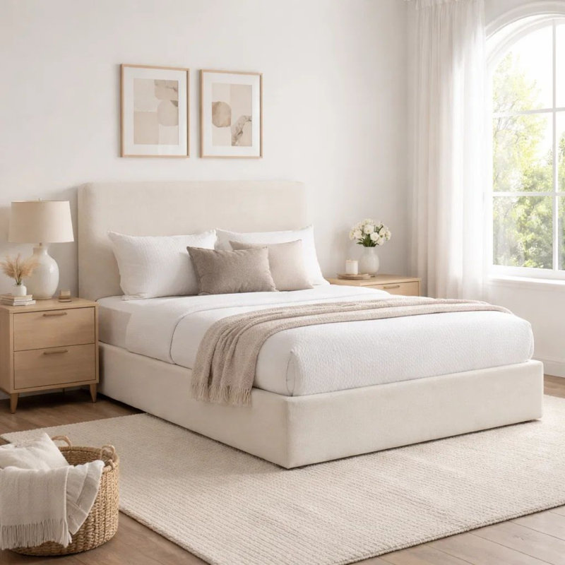 Welz King Size Bed With Tall Headboard, Pearl White Chenille Upholstery, King