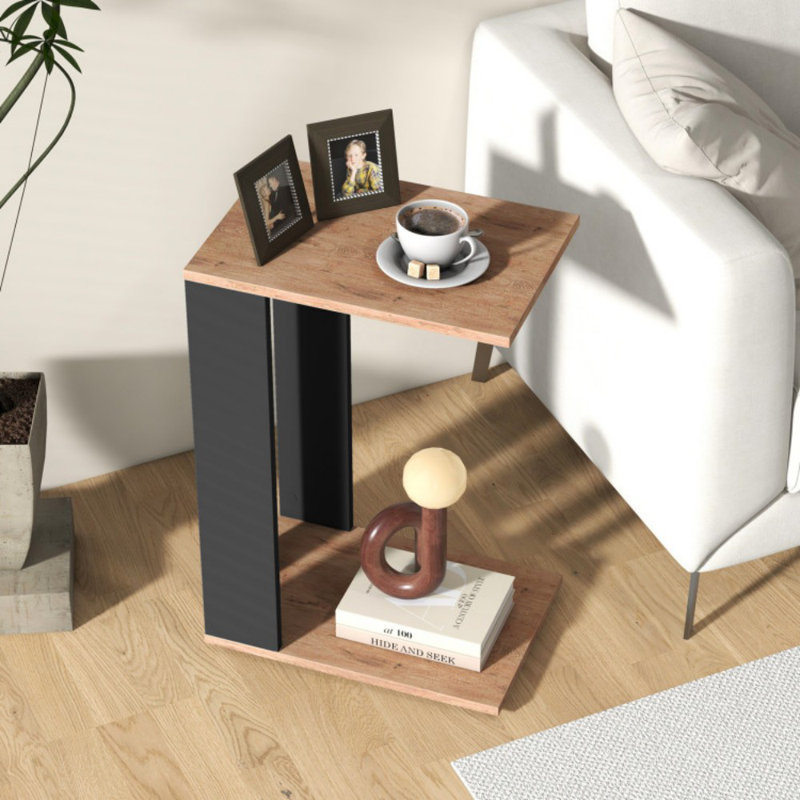 Table d'appoint à 2 niveaux en forme de C avec roulettes universelles et tablette