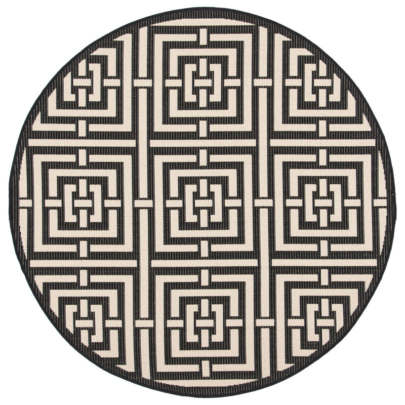 Tapis intérieur / extérieur noir / beige à motif géométrique Arneshia, Rond 5 pi 3 po