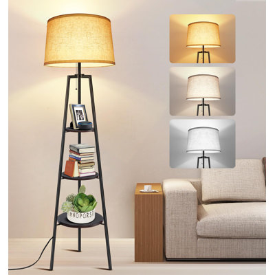 Modern Tripod Floor Lamp With 3-Tier Storage Shelves, Adjustable Color Temperature, Pull Chain Switch