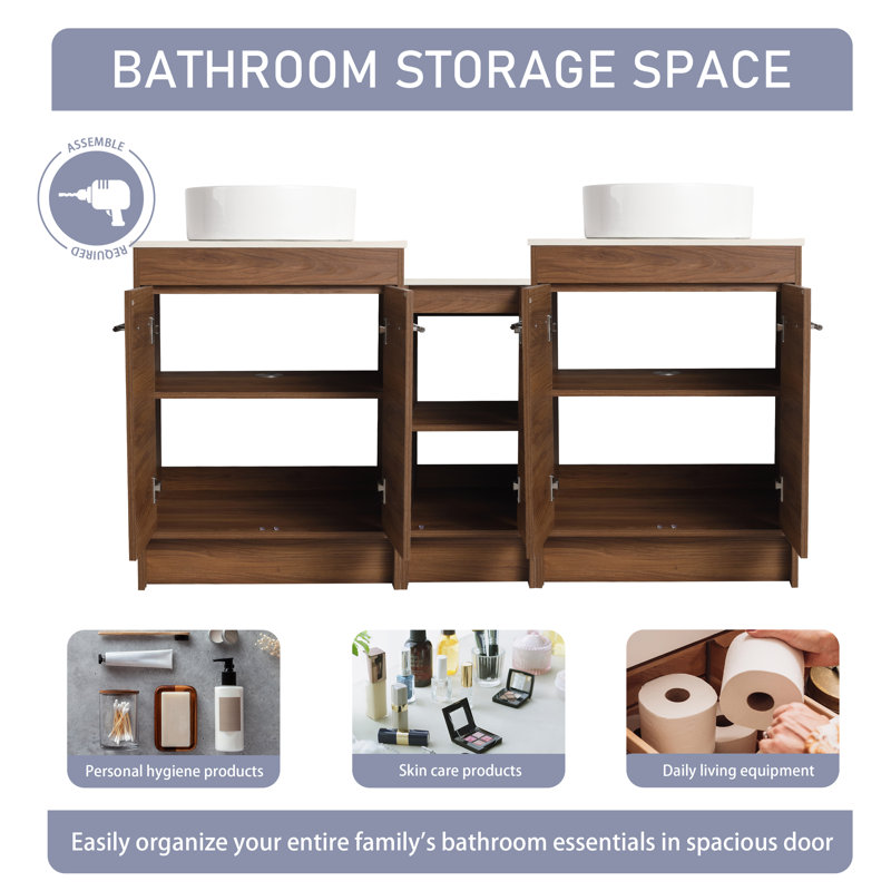 Meuble-lavabo double autoportant de 60 po avec plateau en céramique Maricha