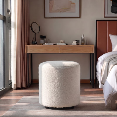 Modern Teddy Fleece Round Ottoman,  Vanity Stool Footrest, Upholstered Stool for Makeup, Bedroom, Living Room