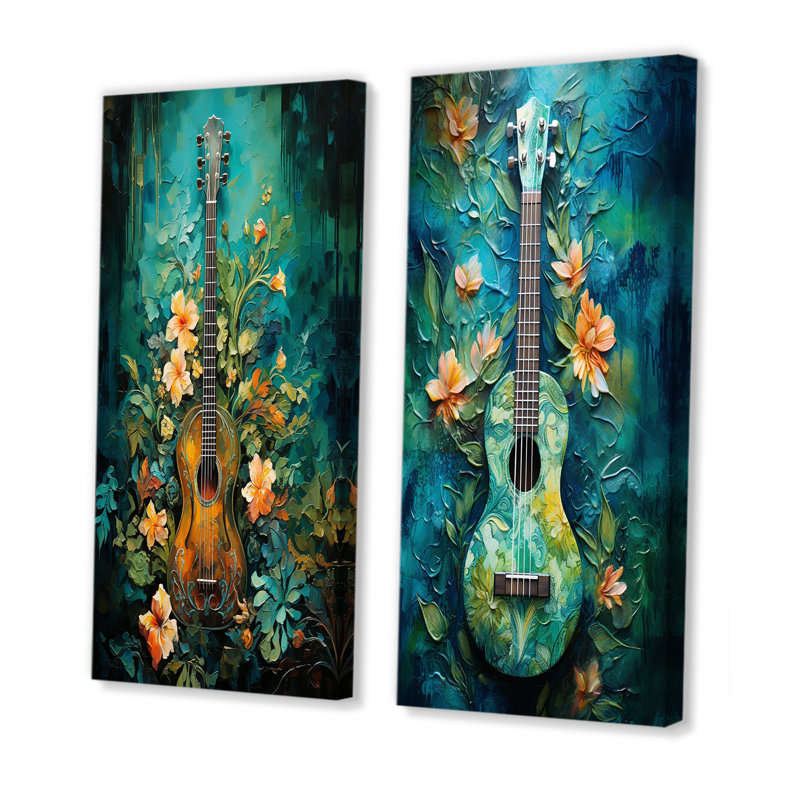 Guitare euphonique tropicale bleu sarcelle, ensemble de 2 reproductions d'art sur toile, Toile tendue, H 28 po x l 25 po