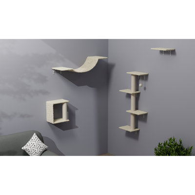 Meuble pour chat moderne 4 pièces avec tablettes murales, pont, marches et arbre en corde, panneau de particules doux, conception verticale peu encombrante, bricolage réglable facile à installer en structure d'escalade, installation