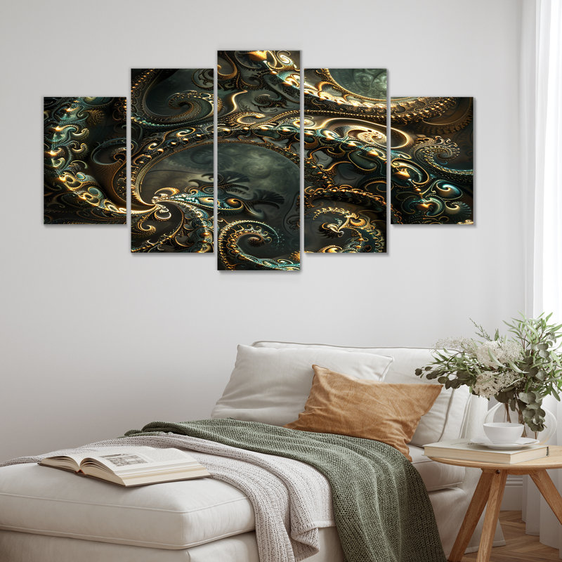 Retro Gold Whirling Fractal - Fractals Wall Art, ensemble de 5 pièces, H 32 po x l 60 po