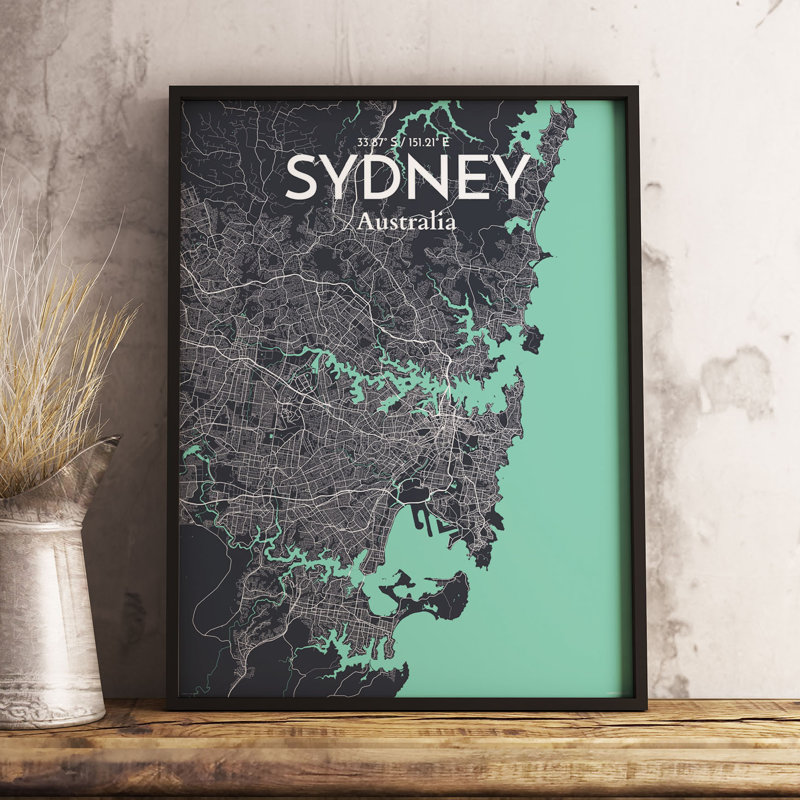 Sydney City Map - Unframed Graphic Art Print on Paper, 43.2cm H x 27.9cm W x 0.13cm D, Black/Grey