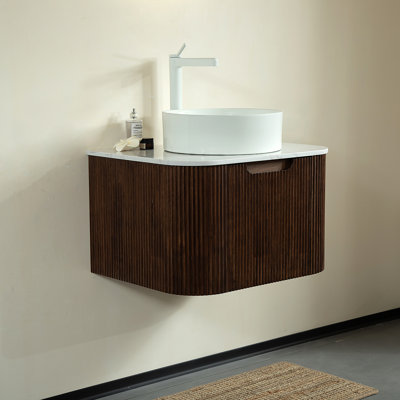 Meuble-lavabo mural 24 po noyer foncé moderne avec lavabo en céramique