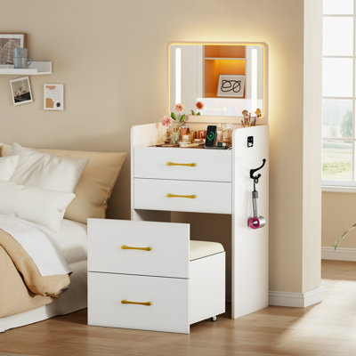 Meuble-lavabo compact 3-en-1 avec miroir, tiroirs de rangement et tabouret - Petite coiffeuse avec lumières pour chambre à coucher ou dortoir