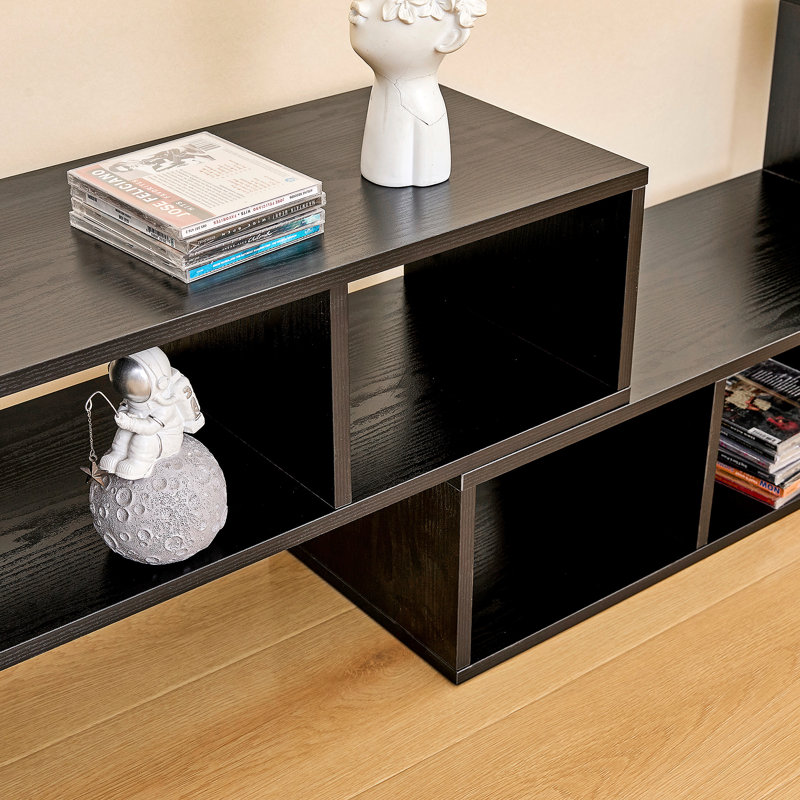Meuble télé moderne en bois aggloméré noir, console multimédia extensible et personnalisable, centre de divertissement à combinaison libre avec tablettes de rangement ouvertes pour le salon, la chambre à coucher et le bureau