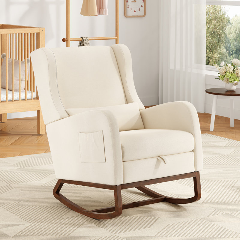 Chaise berçante moderne avec repose-pieds et fauteuil rembourré avec base en bois massif, Beige