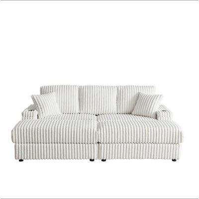 Canapé de 84 pouces en velours côtelé 3 places avec 3 coussins de dossier, 2 coussins décoratifs, 2 repose-pieds, 2 tabourets de rangement et porte-gobelets Comfy Sofa - Coussin de siège profond pour le salon