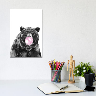 Big Bear Blowing Bubble Gum In Black And White by Big Nose Work - Wrapped Canvas Print