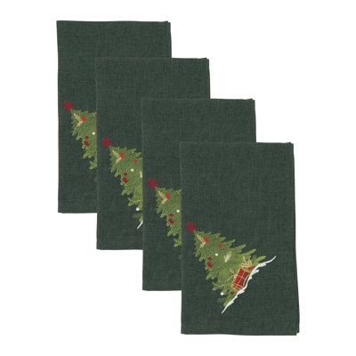 Embroidered Christmas Tree Cloth Napkins (Set of 4) - Holiday Dinner Napkins for Christmas Entertaining & Festive Table Décor