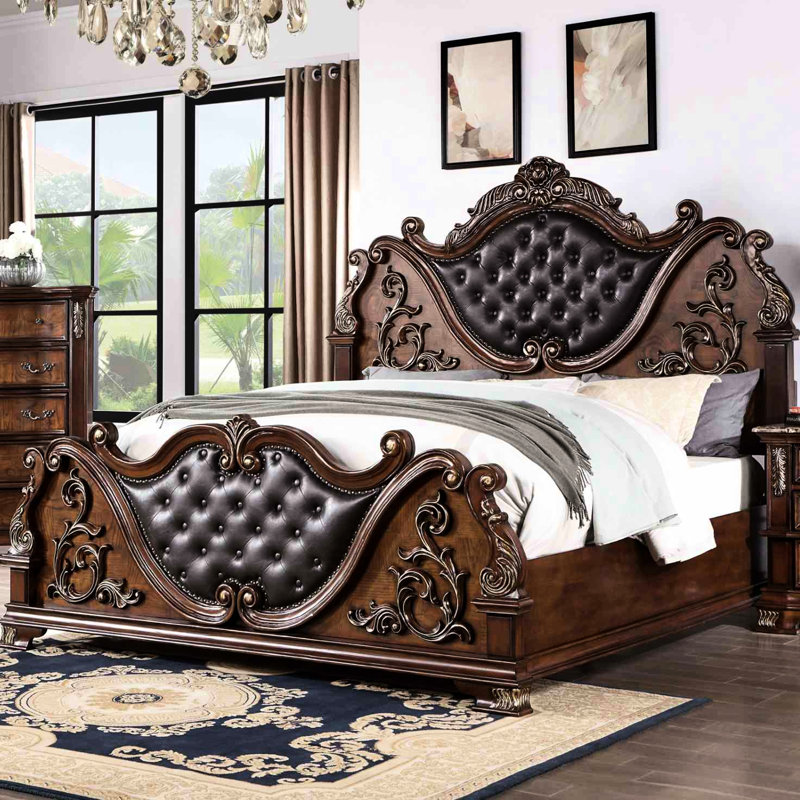 Grand lit de luxe grand, style traditionnel, cerisier brun, bois massif et bois de marbre, faux sculpté