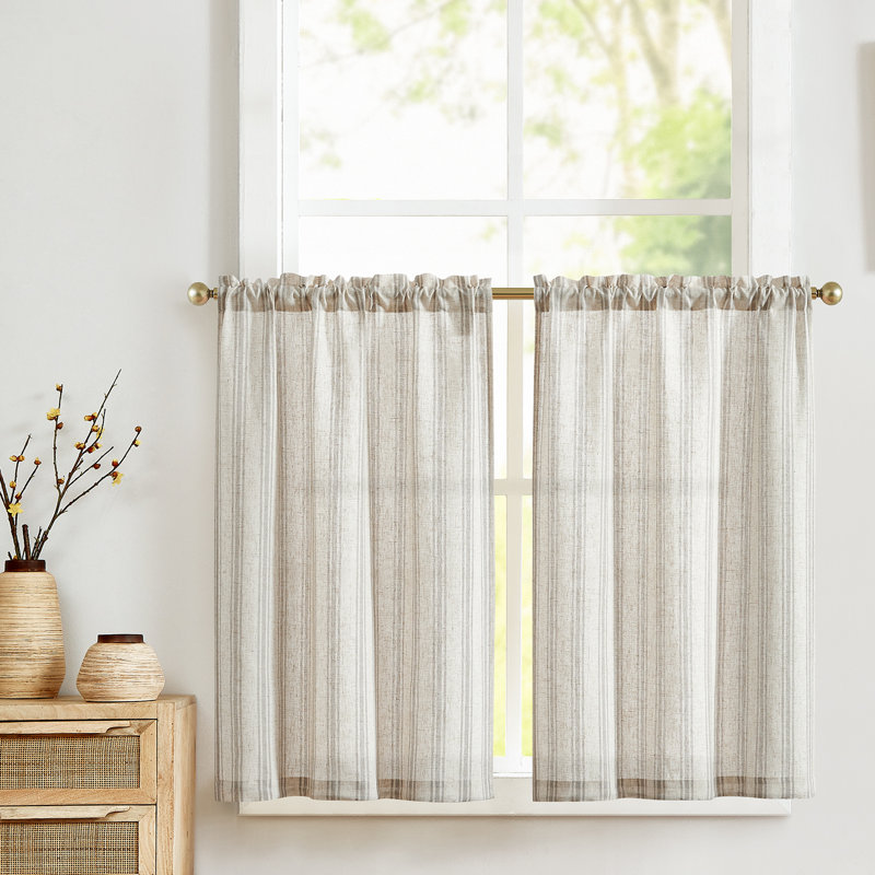 Rideaux de cuisine à rayures rayées, L 26 po x L 36 po, Gris taupe sur beige