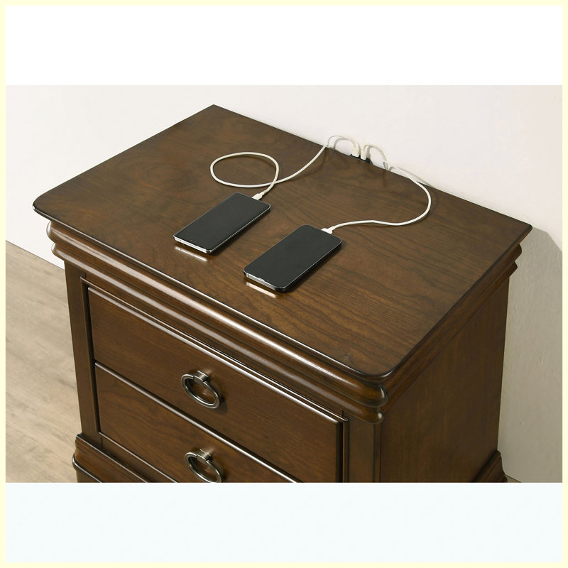 Table de chevet 2 tiroirs en cerisier brun, table de chevet traditionnelle en bois avec rangement pour la chambre à coucher