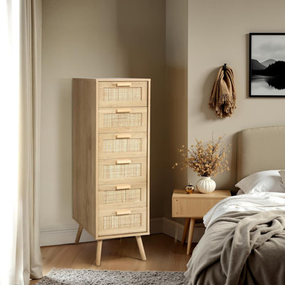 Rattan Dresser For Bedroom, Tall Dresser With 6 Hand Made Rattan Decorated Drawers, Small Chest Of Drawers by Dakota Fields