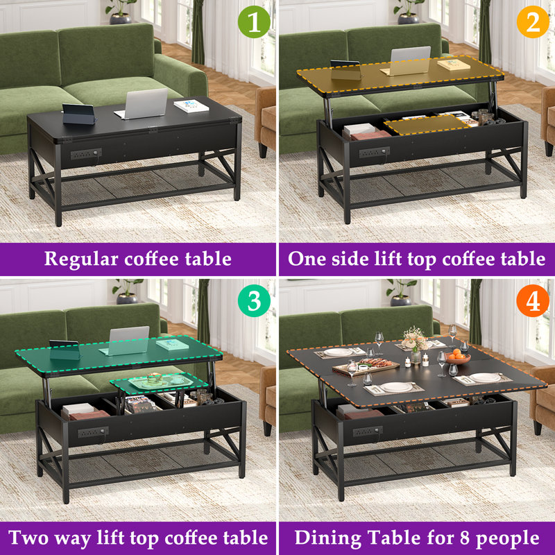 Kristien Lift Top Coffee Table with LED strip,End Table with 2 -Tier Storage shelves for Living Room