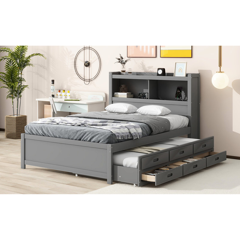  Lit plateforme double avec lit gigogne, systèmes de tiroirs, chargeurs et rangement pour tête de lit, espace, Gris