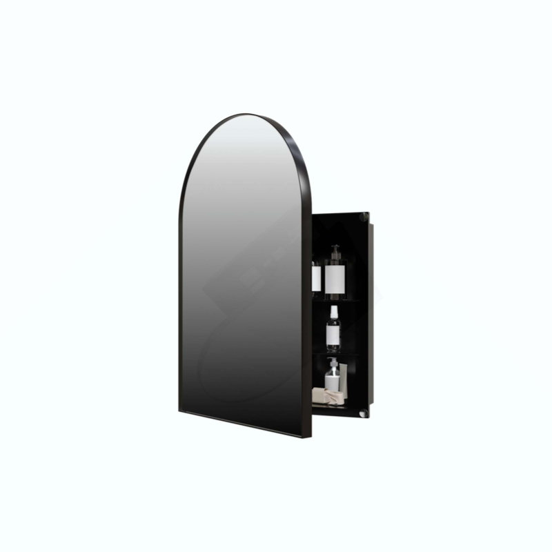 Armoire à pharmacie de coin en métal avec miroir arqué, tablettes en verre réglables, rangement de salle de bain peu encombrant pour les petits espaces