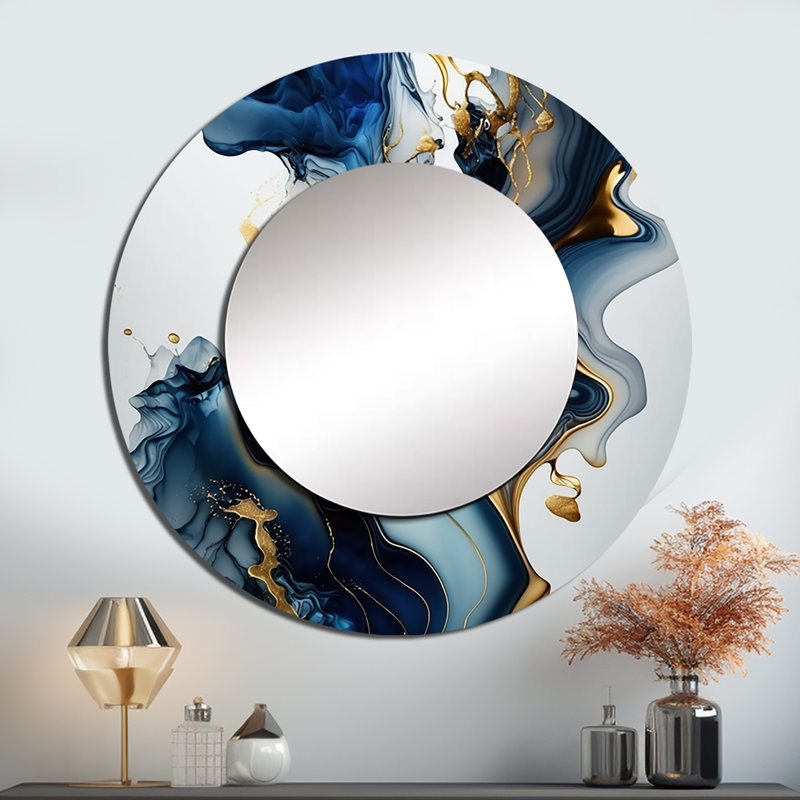 Pratyush abstrait Geode Marble Blue I - grand miroir mural, miroir mural rond bleu, impression sur métal, 23 po x 23 po