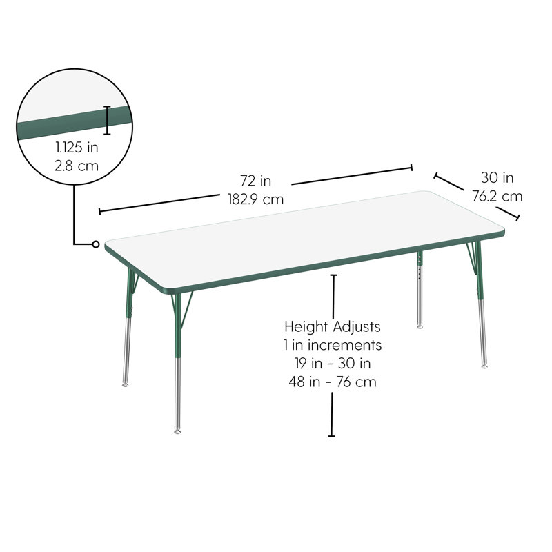 Table rectangulaire d'activités effaçables à sec avec pieds réglables, 30" x 72", Whiteboard/Green