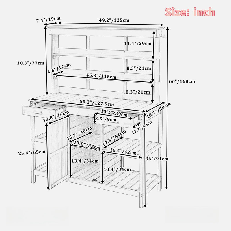 Grande table de rempart d'extérieur en bois avec 2 tiroirs, une armoire et des tablettes ouvertes, Blanc / Brun