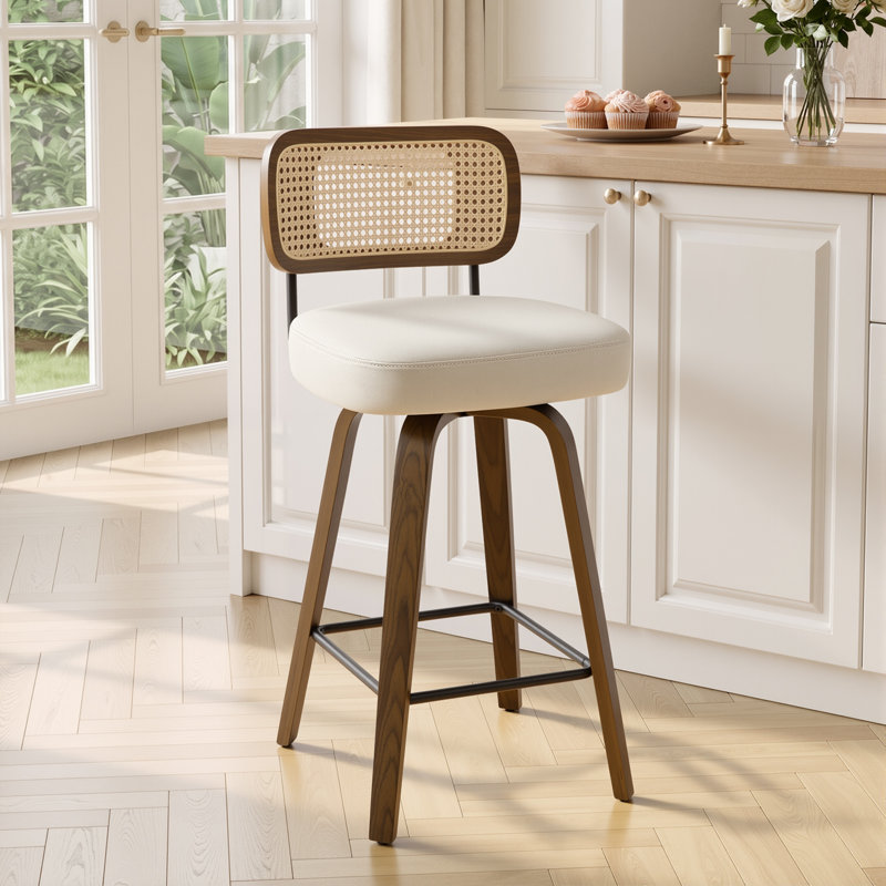 Adianey Swivel Upholstered Rattan Back Counter & Bar Stool, White, Counter Stool (26" Seat Height), Brown