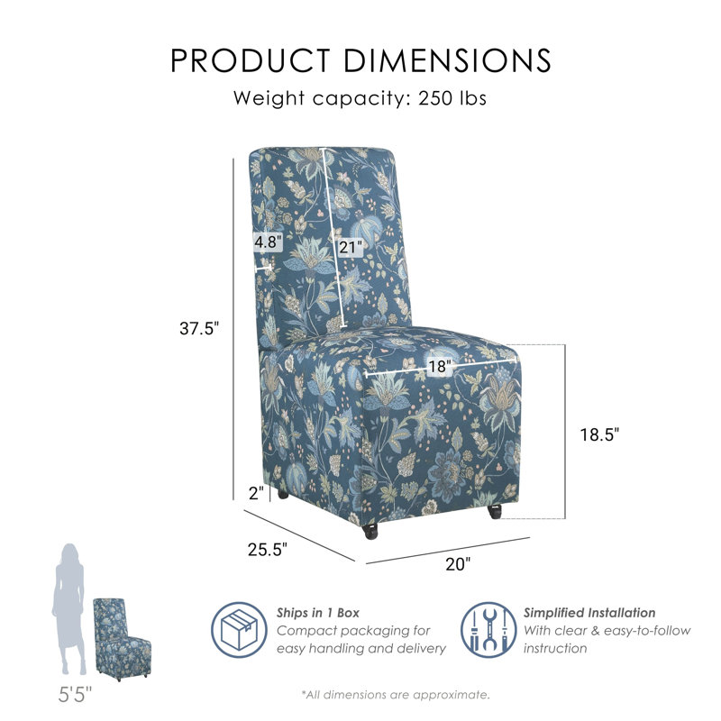 Chaise d'appoint rembourrée Colette avec roulettes, Bleu paon jacobin