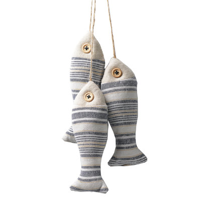 Set Of 3 Cream And Grey Striped Hanging Fish Decoration