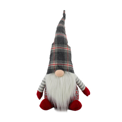 9X6x24.7"H Fabric Gnome W/Grey/Red Plaid Hat Table Sitter