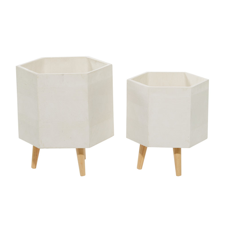 2 Piece Magnesium Oxide Indoor Outdoor Planter with Wood Legs Set, White