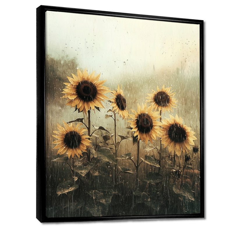 Doykos rétro jour de pluie tournesols I - tournesols grand art mural, Noir, Impression encadrée flottante, H 20 po x l 12 po