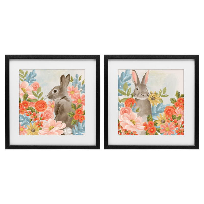 Ensemble de 2 impressions encadrées sous verre Bright Bunny Blooms, design par Cat Thurman Designs, H 13 po x l 13 po