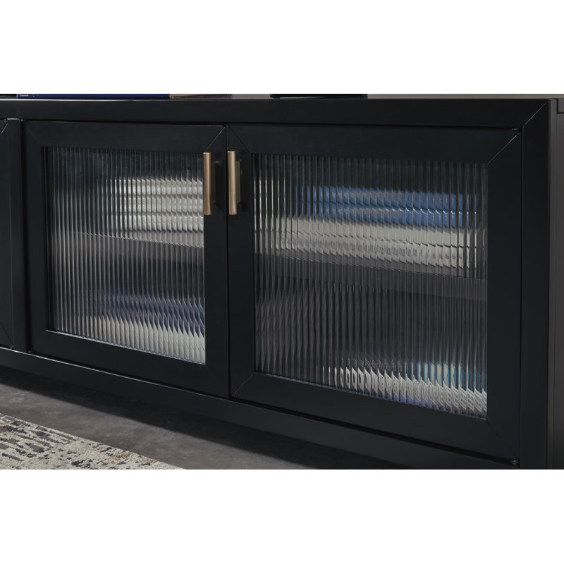 Winbardi Black 85" TV Stand with Glass Doors and Cabinets
