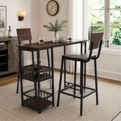 3 Piece Counter Height Bar Table Set with 2 Backrest Bar Stools, Rectangular Pub Table with 2-Tier Side Storage Shelves, Industrial Wood Grain for Bal